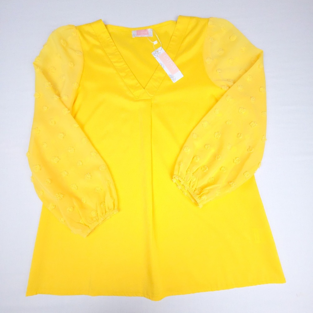 C+D+M Collection V-Neck Swiss Dot Long Sleeve Blouse Women Medium Yellow Poly